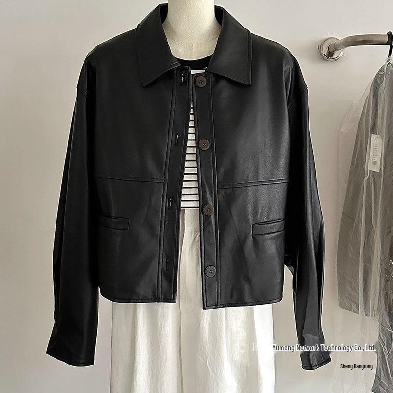 Women's Short Solid Color Leather Jacket - 2025 Spring/Autumn Collection
