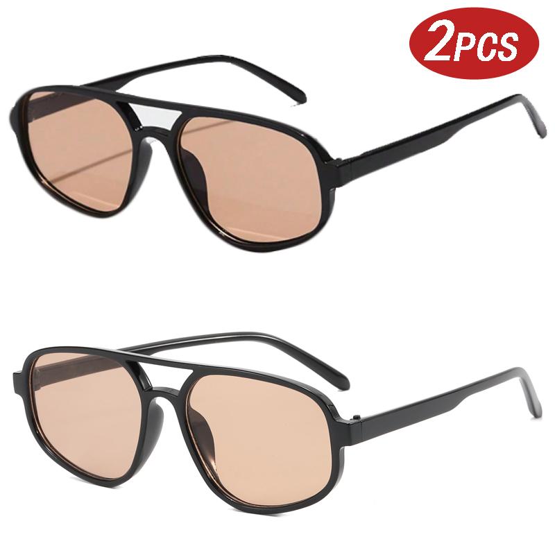 Motorcycle 2pcs Vintage Double Bridge Sunglasses Women Fashion Simple Light Square Sun Glasses Ins Trending Shades Eyeglass