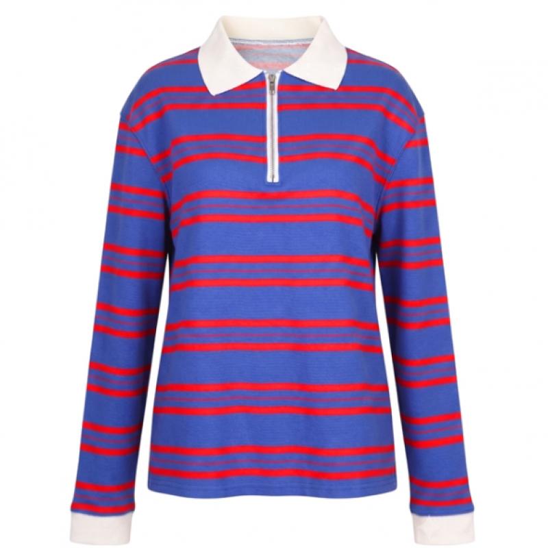 Shop Women Collar Half Zip Stripe Retro Loose Ls Tee Gray Naru Wsh260057