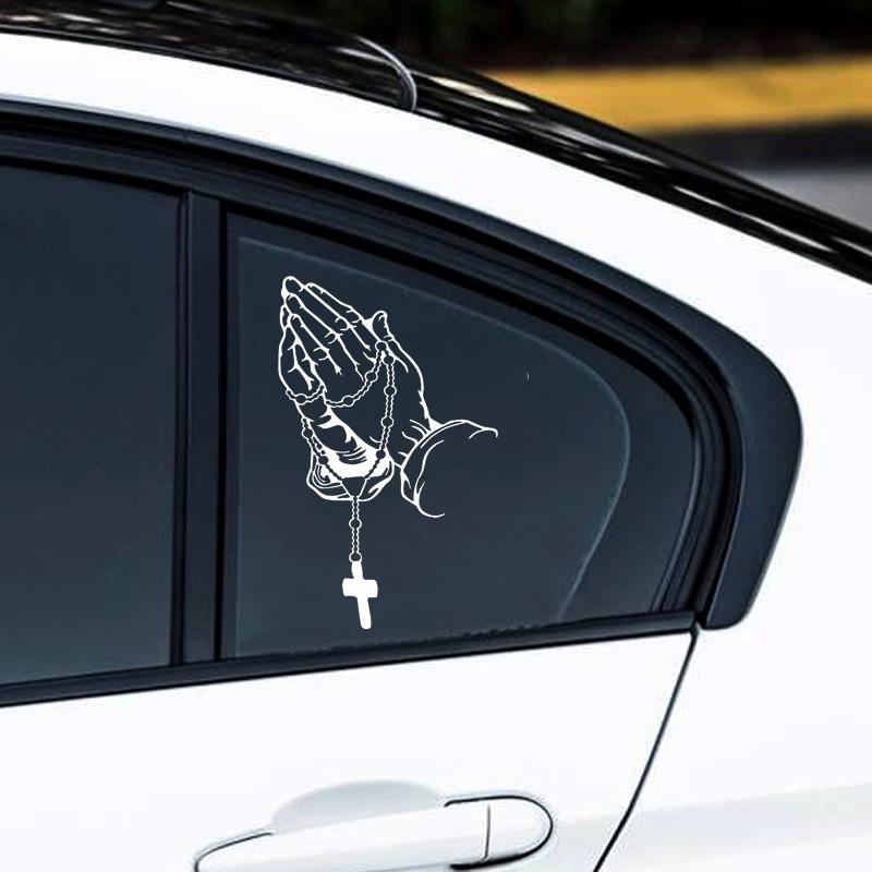 Custom Cross and Rosary Gesture Waterproof Car Decal for Rear Window Decoration