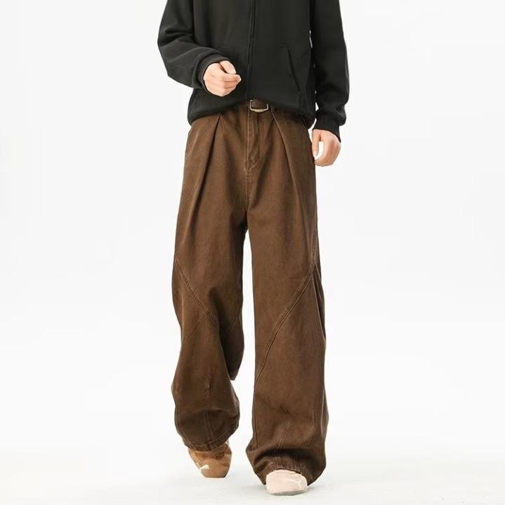 American retro washed overalls men's spring and autumn tide loose pleated versatile drape design straight casual pants