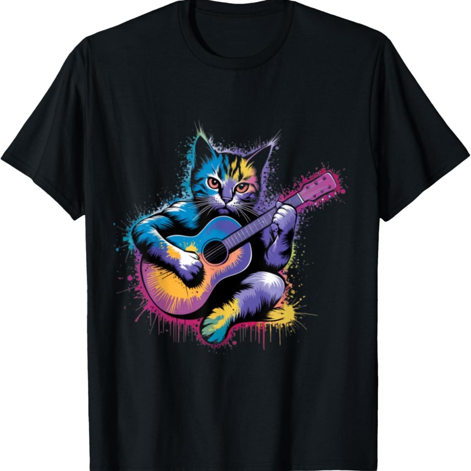 Смешная кошка-музыкант, кошка-гитарист, кошка с гитарой, кошачий мем, футболка S чёрный