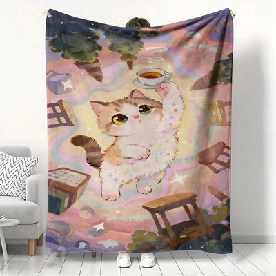 Fantasy Cat & Tea Fleece Blanket, Whimsical Pastel Throw Blanket, Soft Cozy for Spring Home Decor & Cat Art Enthusiast Gift