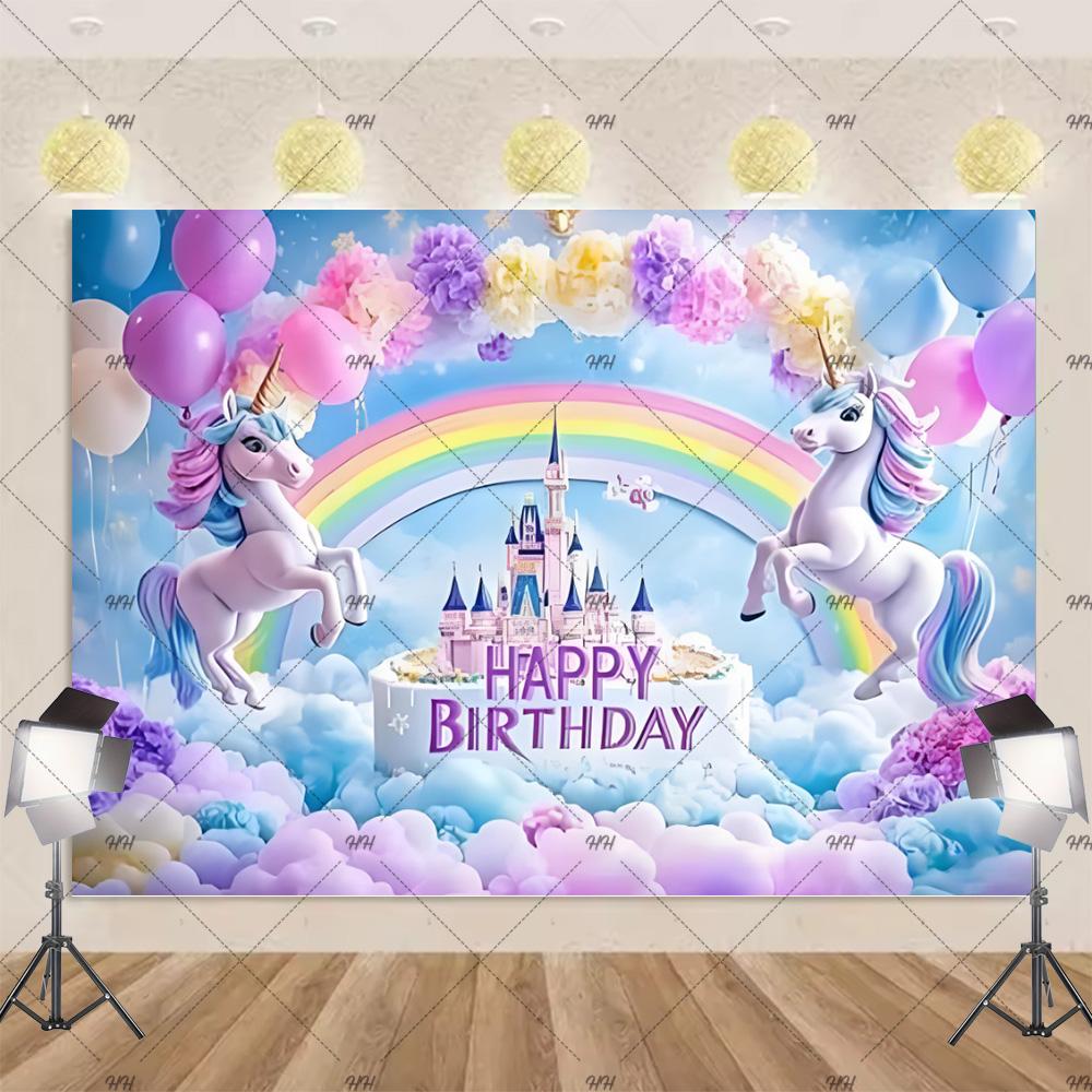 Cartoon Rainbow Unicorn Theme Princess Birthday Party Decoration Background Baby Shower Backdrop Photozone Studio Prophoot Props