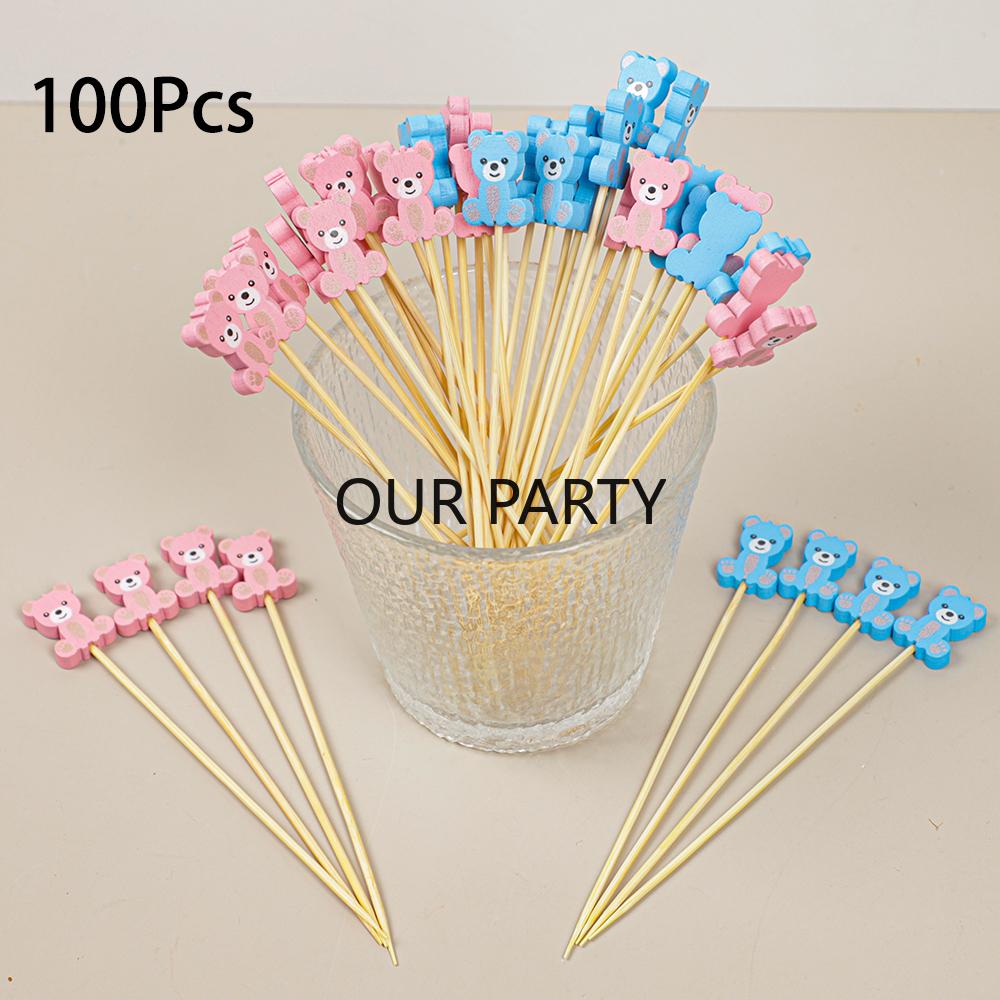 100Pcs Colorful Bear Theme Bamboo Fruit Forks Gender Reveal Buffet Dessert Pick for Kids Birthday Baby Shower Party Decoration 5