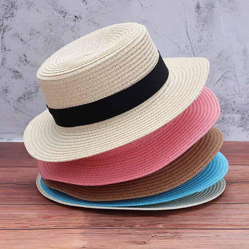 Lady Boater Sun Caps Ribbon Round Flat Top Straw Beach Hat Panama Hat Summer Hats for Women Straw Hat Lady Boater Sun Caps Ribbon Round Flat Top Straw Beach Hat Panama Hat Summer Hats for Women Straw Hat