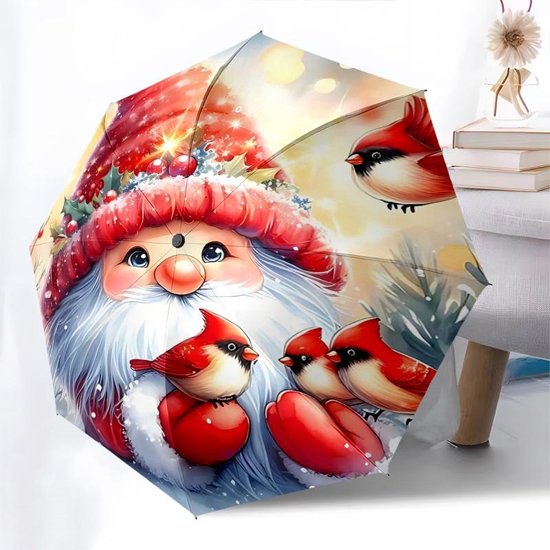 

1pc Christmas Gnome with Cardinals, Automatic Opening Folding Umbrella, 3-Fold Design, 8-Bone Iron Frame, Outdoor Umbrella, Festive Gift for Fans, Tra