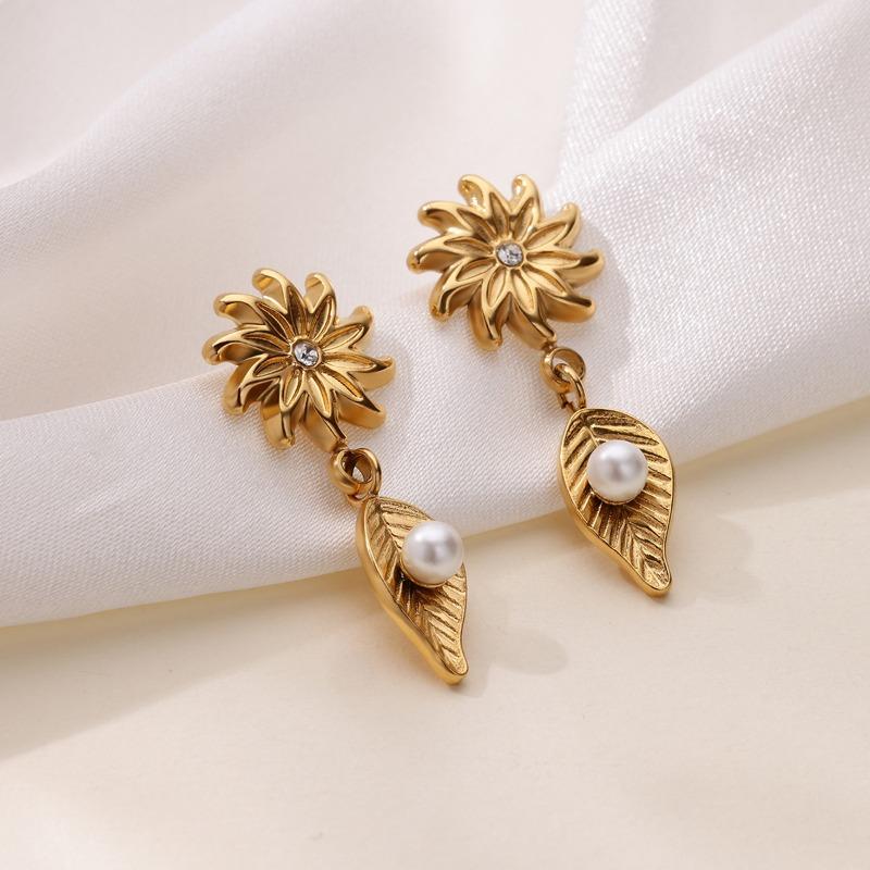 New Wind Gold Stainless Steel Flower Leaf Series Stud Earrings Gold Simple Premium Earrings Retro