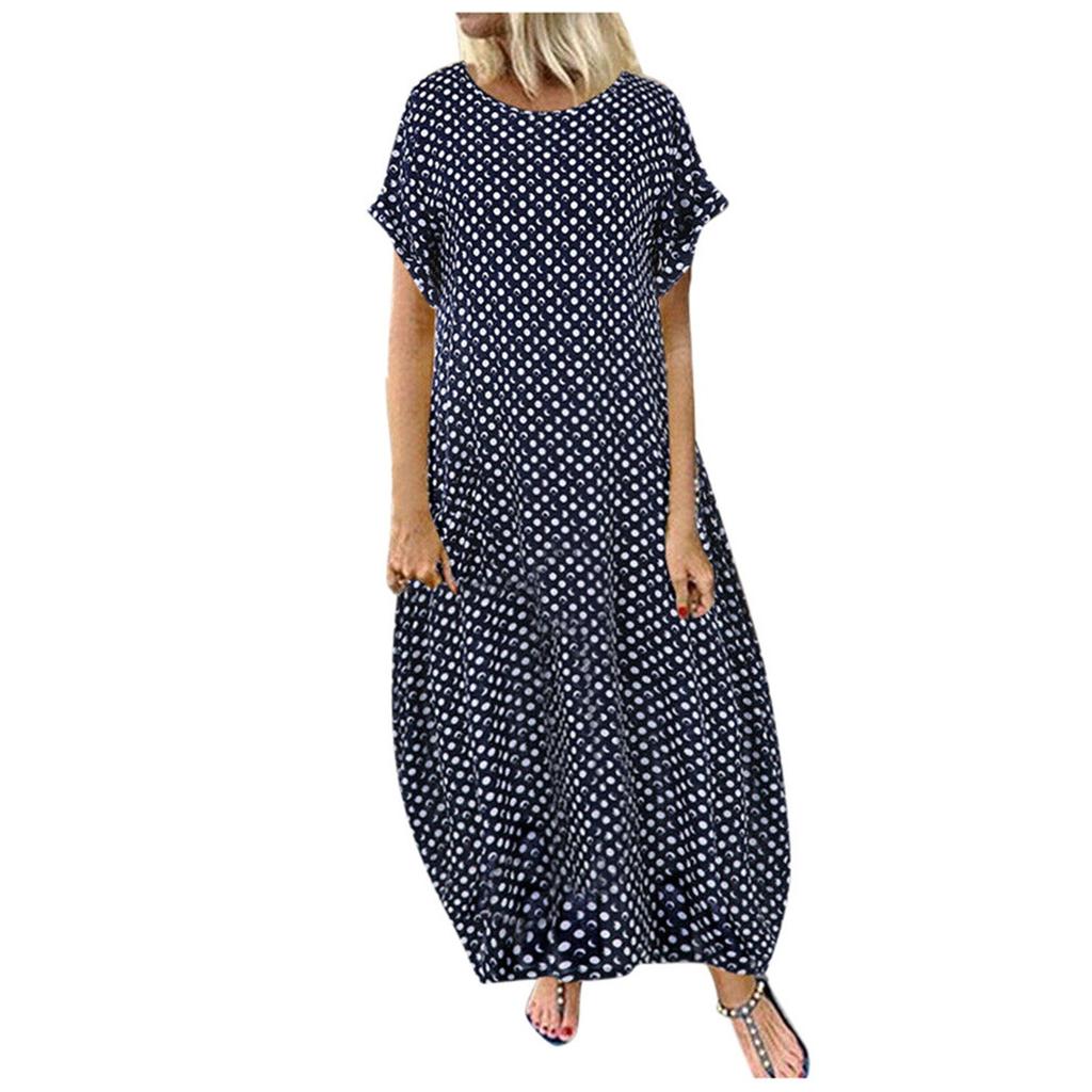 Lässiges Damen-Kleid mit Taschenärmeln, Polka Dot-Print, Rundhalsausschnitt und kurzen Ärmeln