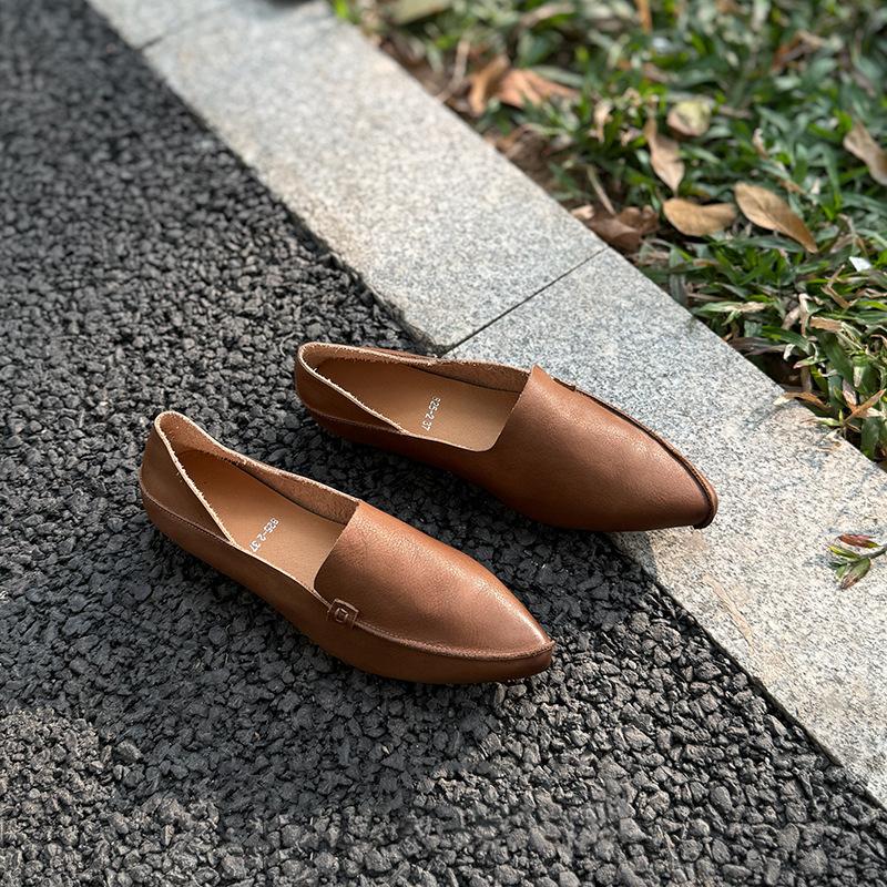 Johnature Retro Women Genuine Leather Pointed Toe Flats Shoes Handmade Shallow Soft Sole Solid Color Slip-on Shoes