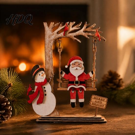Decoración de Mesa Festiva de Escritorio 3D Madera Papá Noel Columpio Decoración de Mesa Muñeco de Nieve Adorno Navideño Escena Centro de Mesa Casa de Campo Interior Estante de Navidad