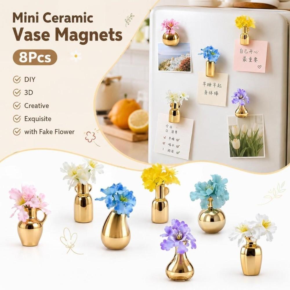 8Pcs 3D Mini Ceramic Vase Magnets Creative Refrigerator Magnets Vase Living Room
