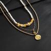 Salircon 3Pcs/Set Creative Trendy Metal Coin Pendant Necklace for Men Boho Imitation Pearl Acrylic Drill Clavicle Chain Jewelry