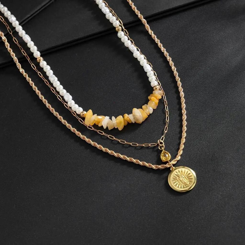 Salircon 3Pcs/Set Creative Trendy Metal Coin Pendant Necklace for Men Boho Imitation Pearl Acrylic Drill Clavicle Chain Jewelry