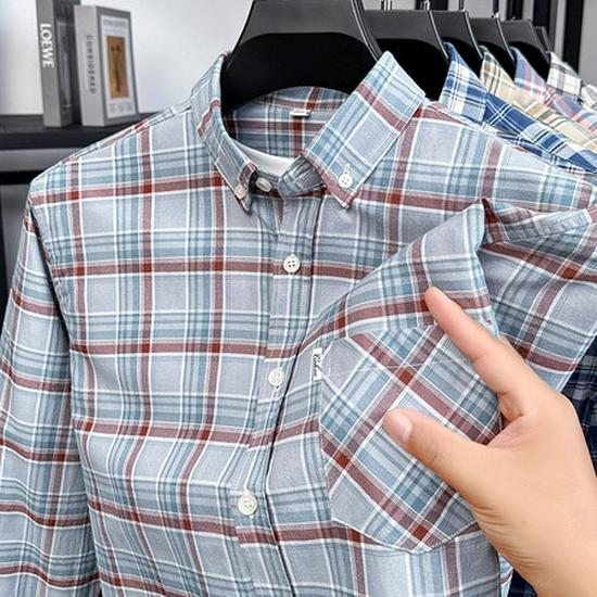 Herr Premium Långärmad Rutig Bomullsskjorta: Nedvikt krage, Vår/Höst Business Casual