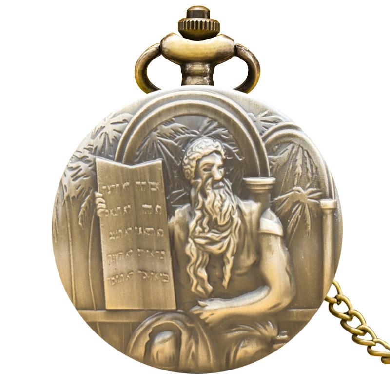 

Retro Bronze Steampunk Moses Ten Commandments SLATE Quartz Necklace Series Commemorative Pocket Watch For Men And Women бронзовий