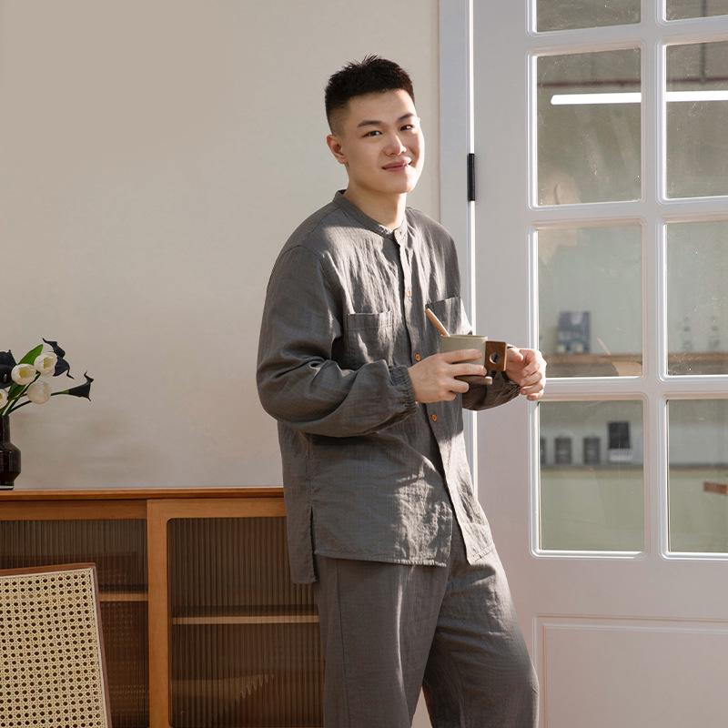 Women's Spring & Autumn Stand-Up Collar Cotton Gauze Pajama Set - Long-Sleeve Cardigan Couple Homewear