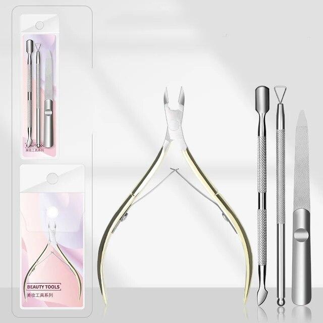2/3/4Pcs Nail art Silber Häutchen Zange Schere Edelstahl Maniküre Zubehör Nagel Werkzeuge Set Abgestorbene haut Drücker Entferner