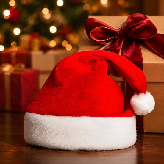 Soft Gold Velvet Santa Caps Hat for Adults Kids, Classic Christmas Red with Fluffy Comfortable Elastic Claus Hats Trim, Holiday Costume Accessory