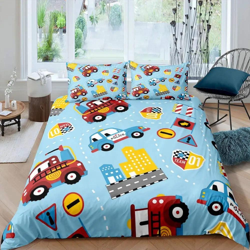 Comforter Ambulance Car King Queen White Cartoon Medical Car Bedding Set For Kid Hospital Rescue Vehicle Polyester