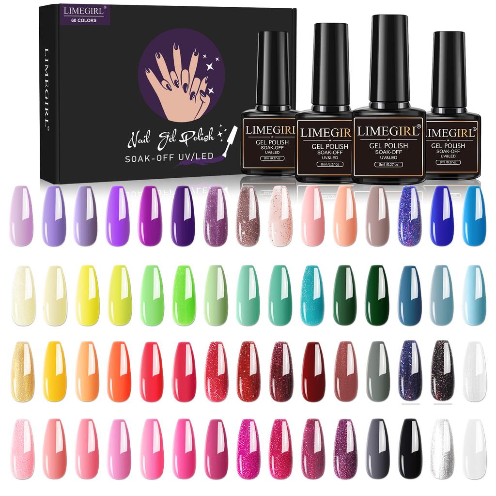 8ml Nail Gel Polish Kit 60pcs Full Set Box Glossy Long-lasting UV Gel Base Top Coat
