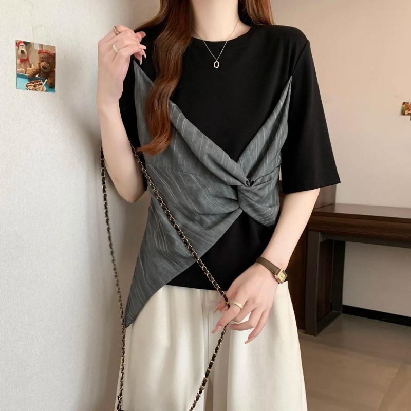 

Contrast Color Niche Short-sleeved T-shirt Summer Large Size Irregular Bottoming Shirt Twisted Stitching Unique Top M чёрный