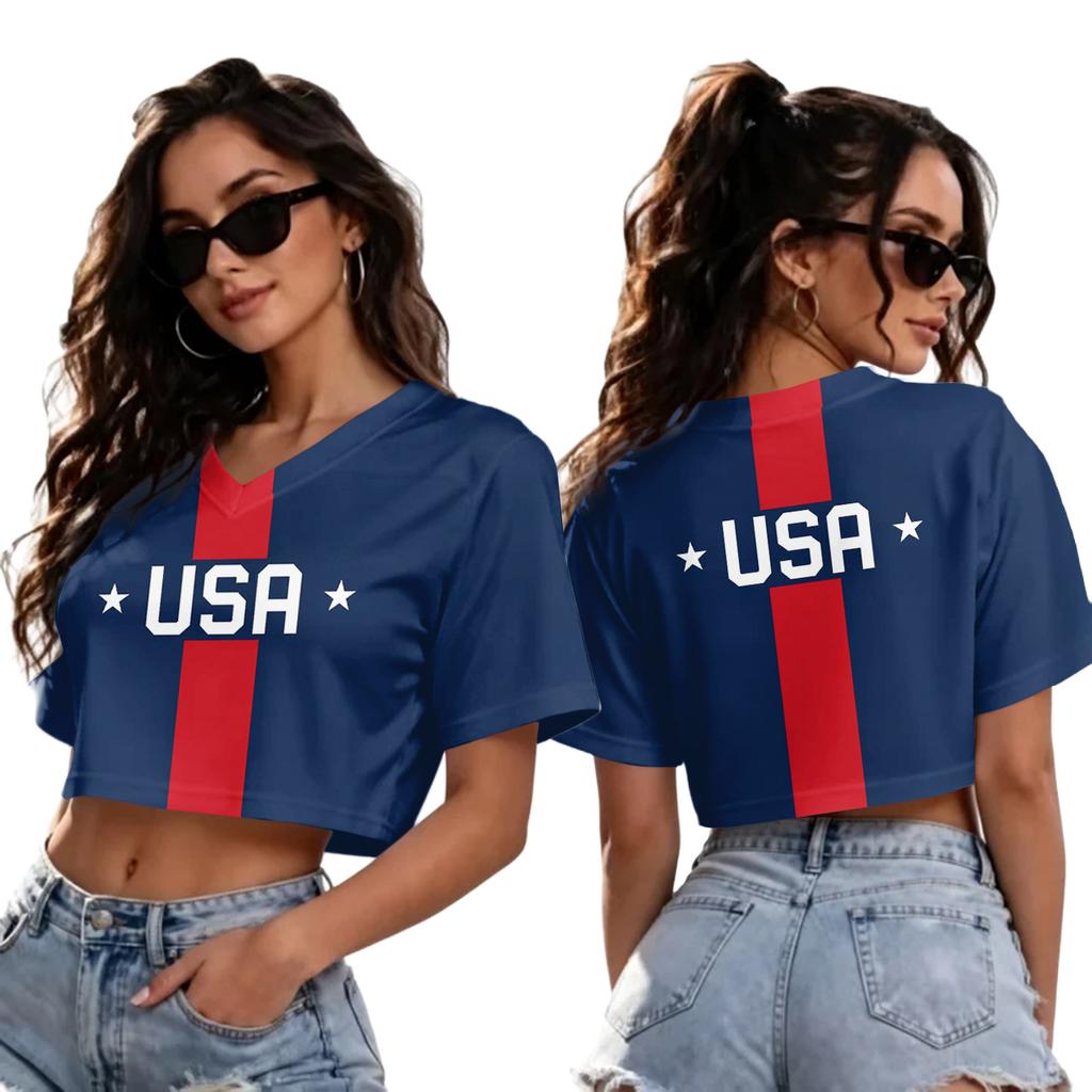 T-shirt court à col en V et manches courtes pour femme, avec imprimé football, pour un look décontracté d'été