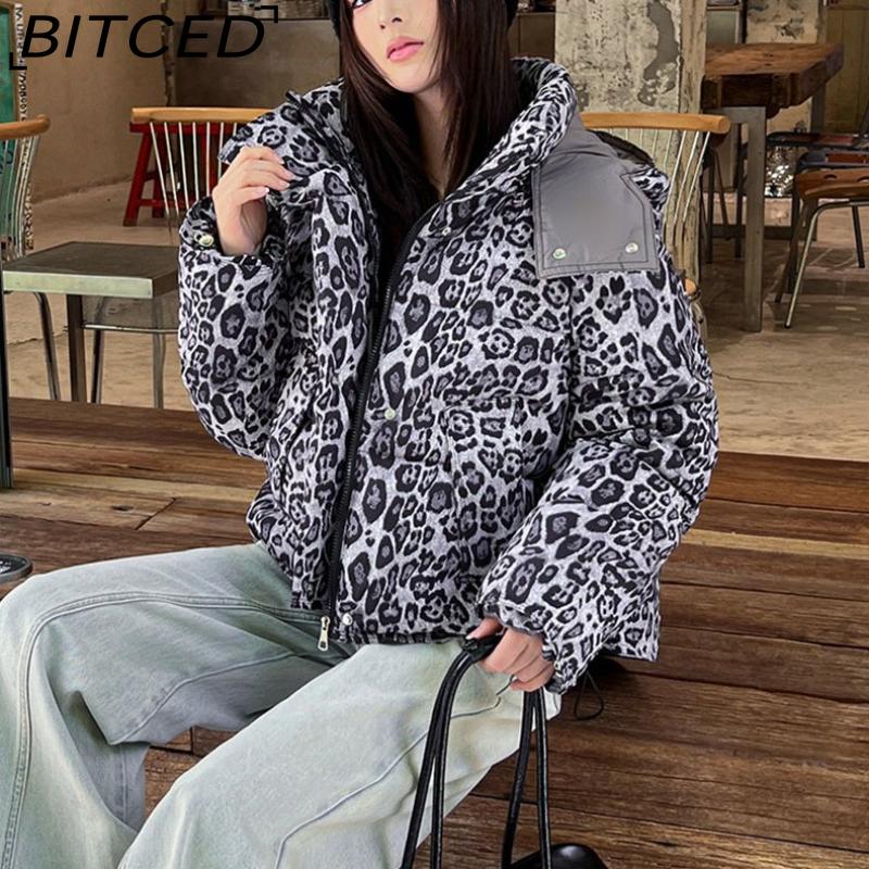 BITCED Short-Length Leopard Print Cotton Jacket for Women with Hood Minimalist Fashion Design, Oversized Fit, Unique Style Cotton Coat