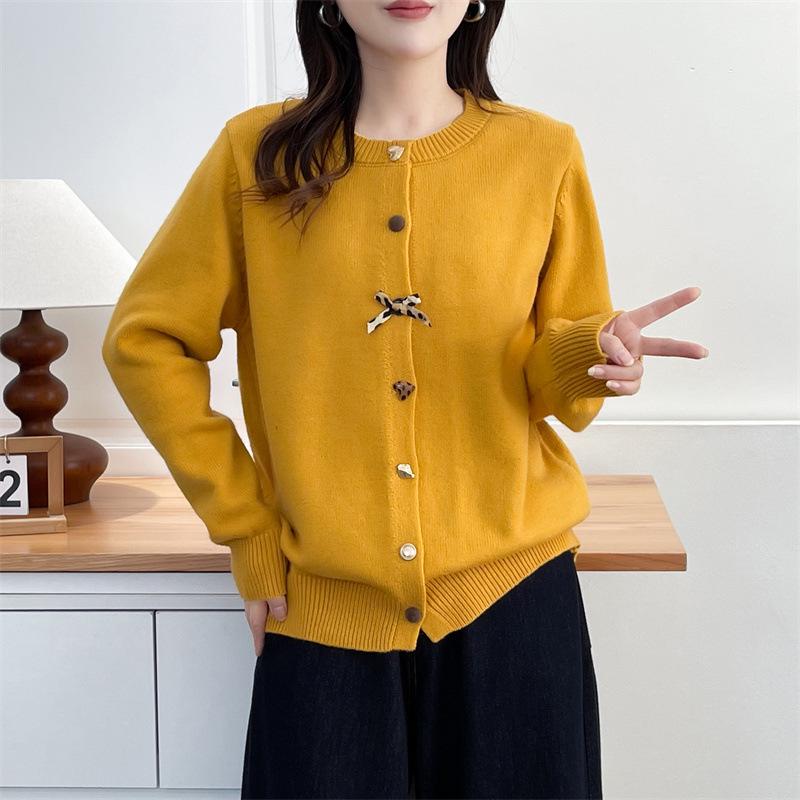

Plus Size Women s Knit Cardigan - Bowknot Long Sleeve Sweater, Round Neck, 2025 Autumn/Winter 2XL жёлтый