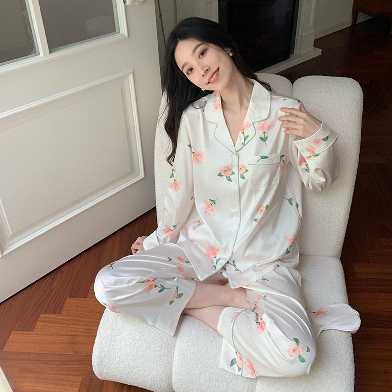

Комплект женской пижамы из ледяного шелка с V-образным вырезом, домашняя одежда для улицы, милая, сладкая, с цветочным принтом, с длинными рукавами, для общежития, одежда для сна M(35-45kg) белый