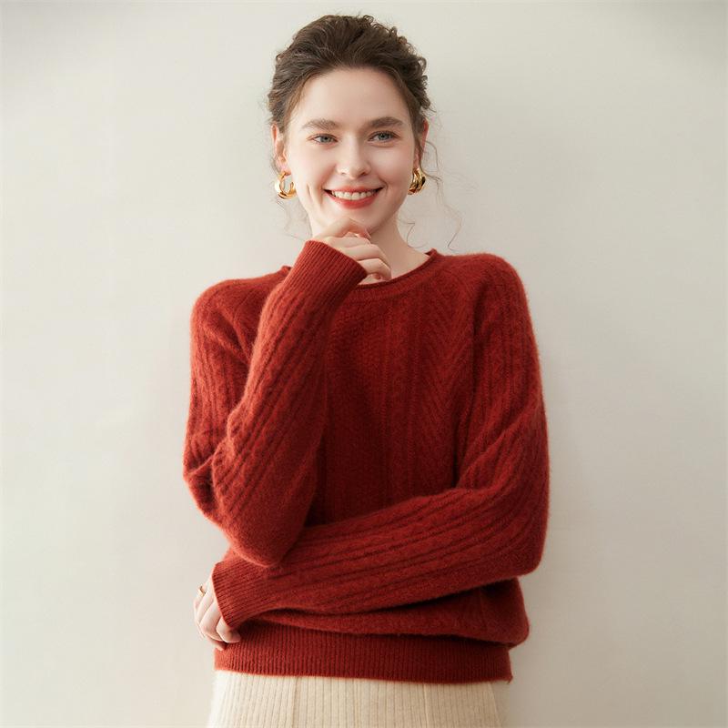 Women's Cashmere Raglan Cable Knit Sweater - 7-Gauge Double-Strand, Round Neck, Rolled Edge, Extra-Thick, Long-Sleeve Pullover.