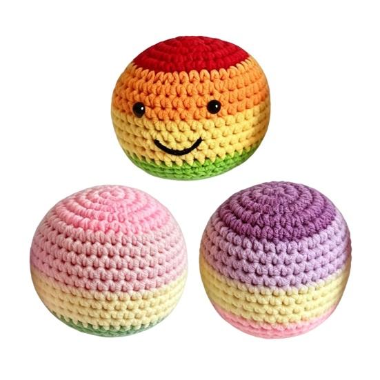 Handmade Crochet Footbag, Rainbow Gradient Smiling Face Bean Bags for Kids, Soft Cotton Yarn Juggling Balls for Outdoor Play