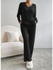 2025 Autumn Women's Cross-border Casual V-neck Rib-knit Set with Loose Straight-leg Pants