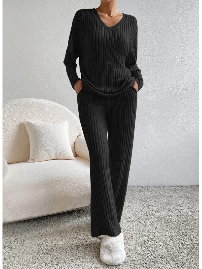 2025 Autumn Women's Cross-border Casual V-neck Rib-knit Set with Loose Straight-leg Pants