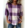Women's Rust Plaid Print Drawstring Button Up Blouse, Casual Round Neck Tops for Spring Summer Daily Vacation Wear