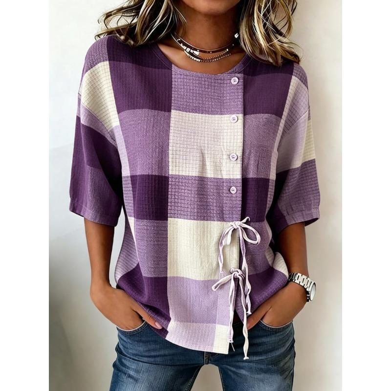 Women's Rust Plaid Print Drawstring Button Up Blouse, Casual Round Neck Tops for Spring Summer Daily Vacation Wear