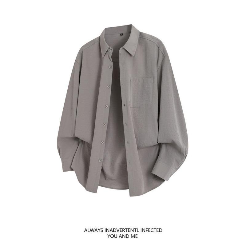 Men Solid Color Loose Casual Long Sleeve Button Up Shirt Outerwear