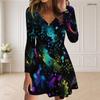 Women Plus Size V Neck Long Sleeve Colorful Abstract Printed Curved Hem Dress