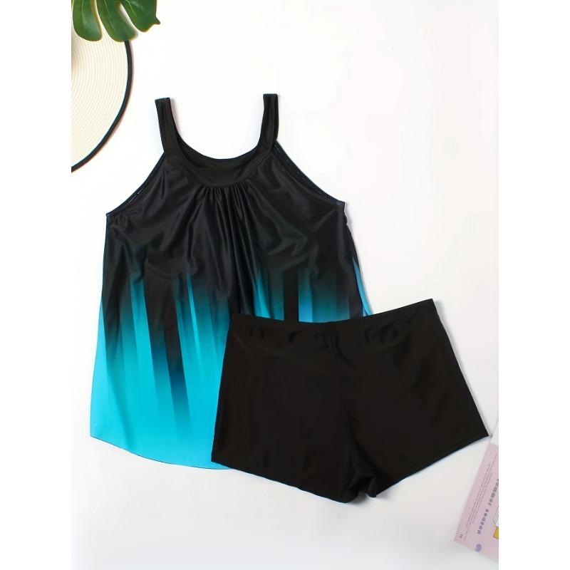Costume da bagno due pezzi Tankini e Pantaloncini con Stampa Sfumata Nero e Blu da Donna