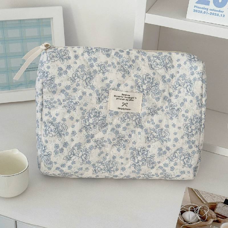 Cotton Corduroy Makeup Bag With Floral Pattern And Breathable Design For Daily Use