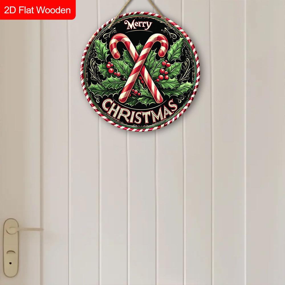 2D Flat 1pc Christmas ‘'Cane Sugar Greens’' Logo Wooden Sign Decoration, Front Door Embossed Effect Wall Decoration, Suitable for Home, Garden Patio