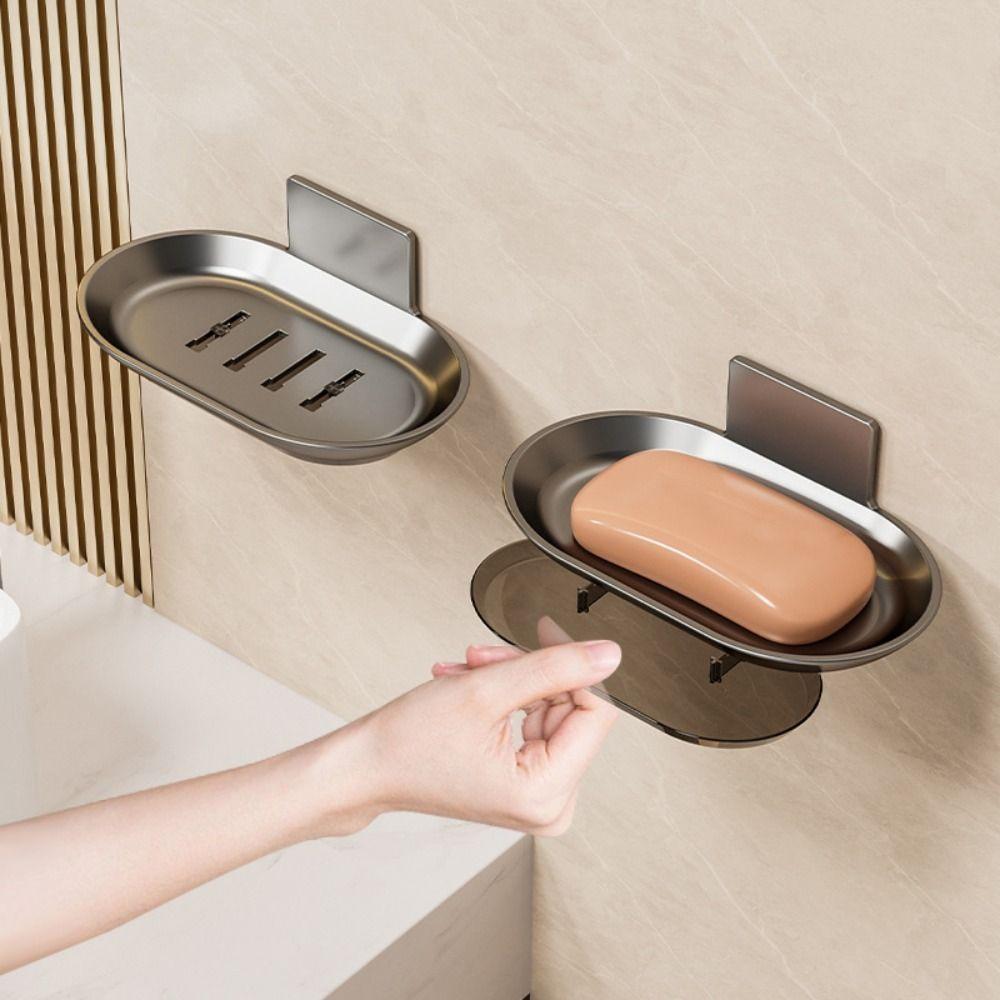 2Pcs Aluminum Wall-mounted Soap Dish Punch-Free Soap Storage Tray Soap Drain Box  Household