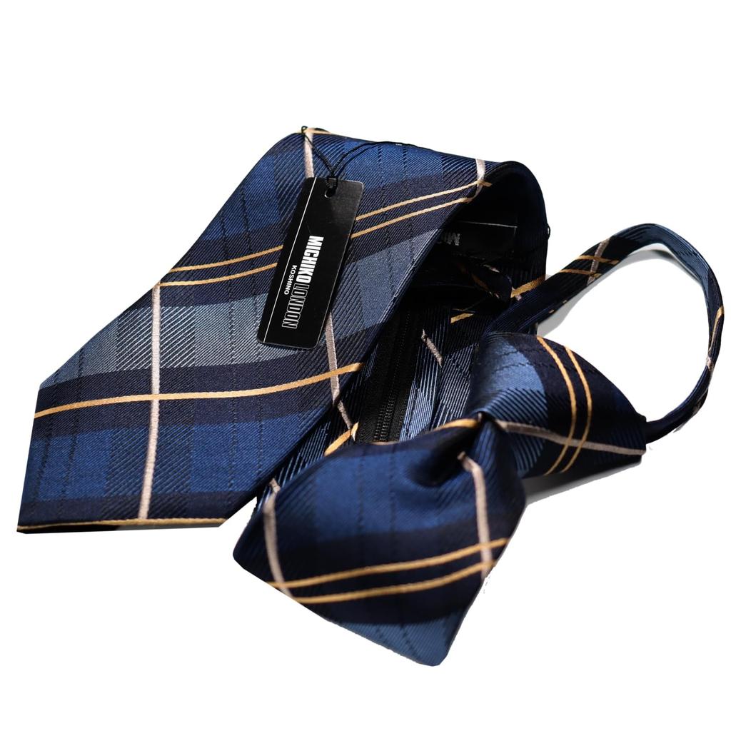[Michiko London] Freshers' One-Touch Tie, Brand Gift, Stylish Silk Zipper Tie, No-Tie, Easy to Wear (MKZP-7-A Navy)