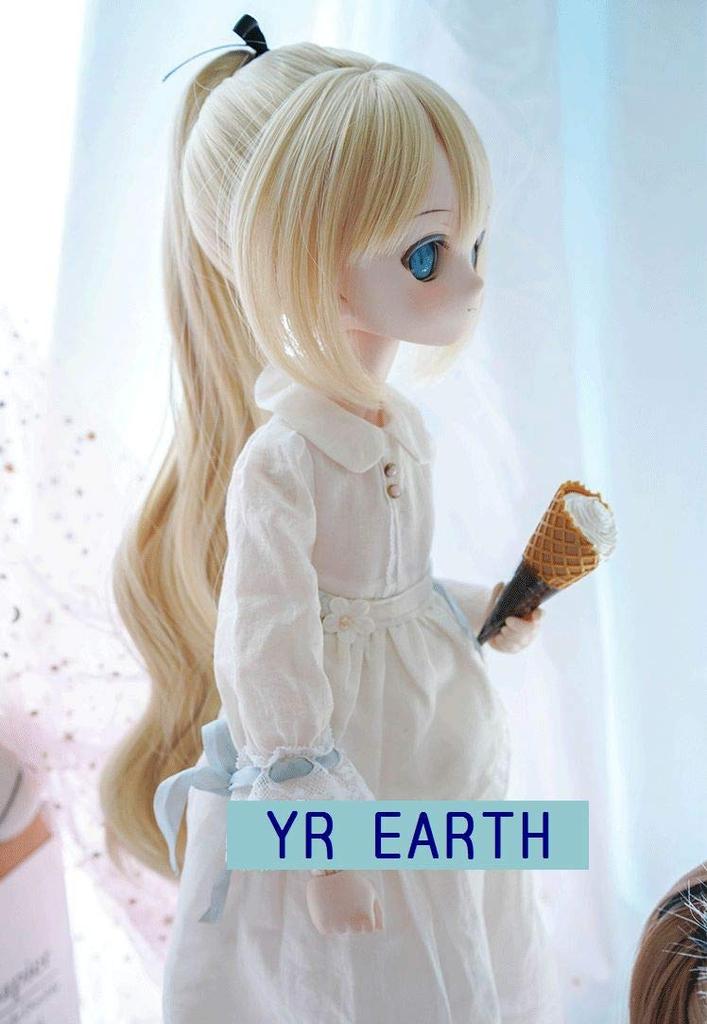 YR EARTH S335 Doll Long MDD Heat-Resistant Wig, 8-9 Inch, Ponytail, 1/3 BJD, DD, (Light Gold)