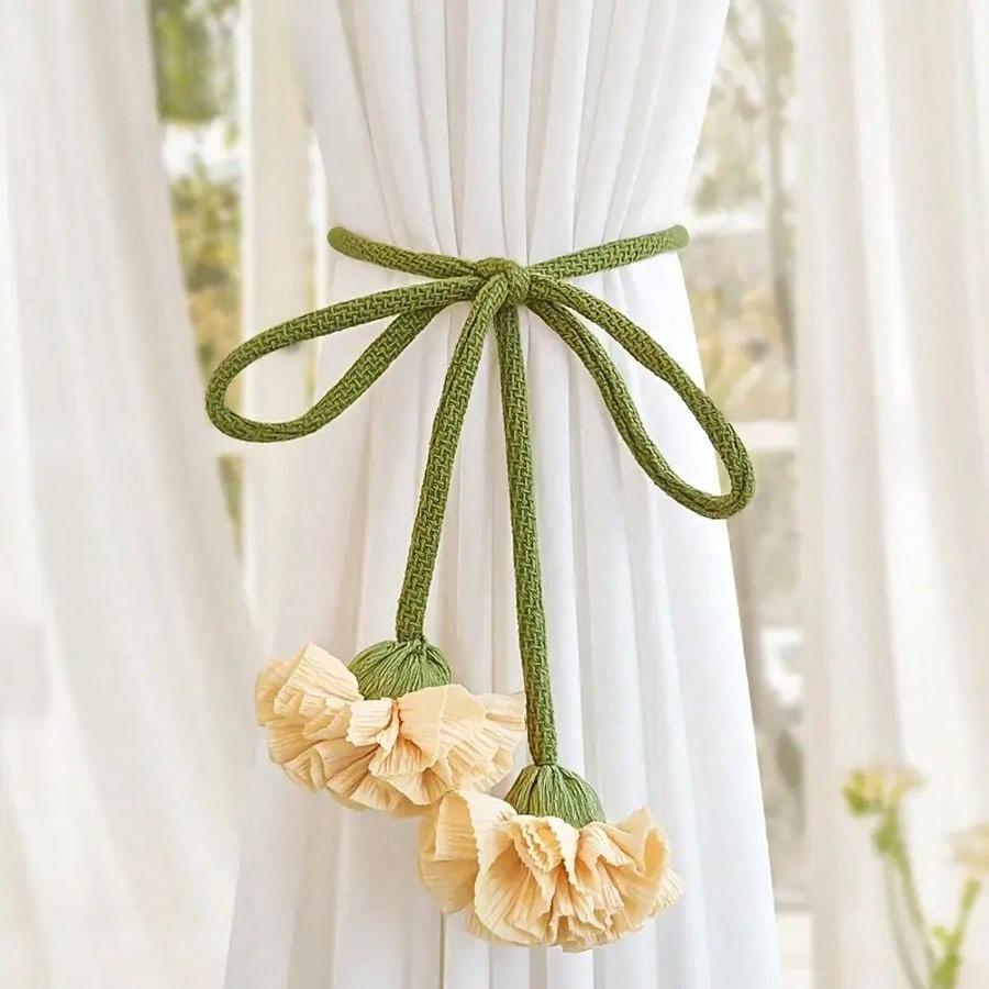Blumen-Vorhangraffhalter Mit Eleganten Und Schönen Dekorativen Vorhangseilen Blumenmuster Mit Grünen Langen Seilen Heim-Büro-Vorhanghalter Zubehör
