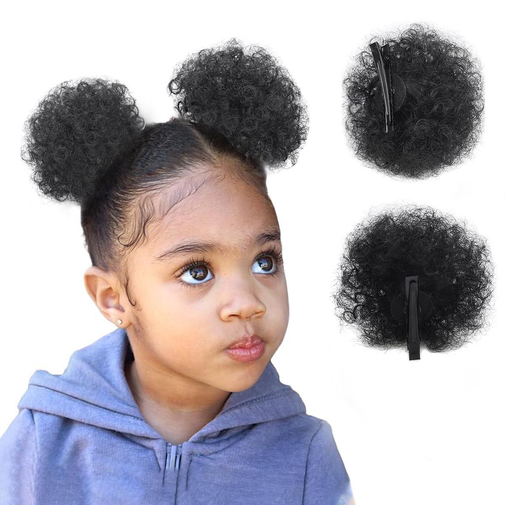2 PIECES Afro Puffs Natural Black Hair Bun For Kids Curly Chignon Hairpiece Natural Soft ,Clip On Hair Durable For Repeated Use