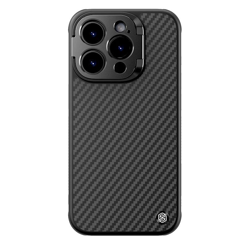 Kevlar Magnetic Case for IPhone 15 Pro, Carbon Fiber Full Lens Protection Anti-Drop Cover with Stand, Simple Lightweight Protective Case, Fiber Black