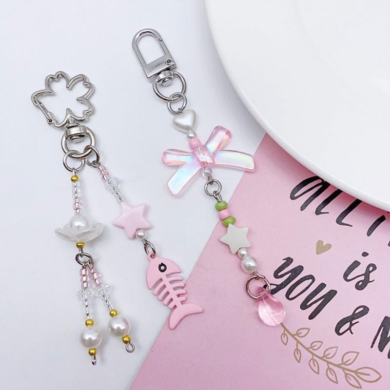 Butterfly Beaded Phone Lanyard Bowknot Pendant Wrist Strap Detachable Phone Chains Keyring Portable Accessory for Women