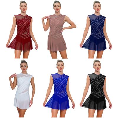 Damski Gimnastyczny Kostium Leotard do Łyżwiarstwa Figurowego Latin Balet Bez Rękawów Cyrkonie Body Tango Chacha Odzież do Tańca Występ