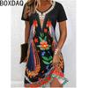 Damen Sommerkleid Kurzarm V-Ausschnitt Lässig 3D Vintage Blumen Print Elegantes A-Linien-Kleid